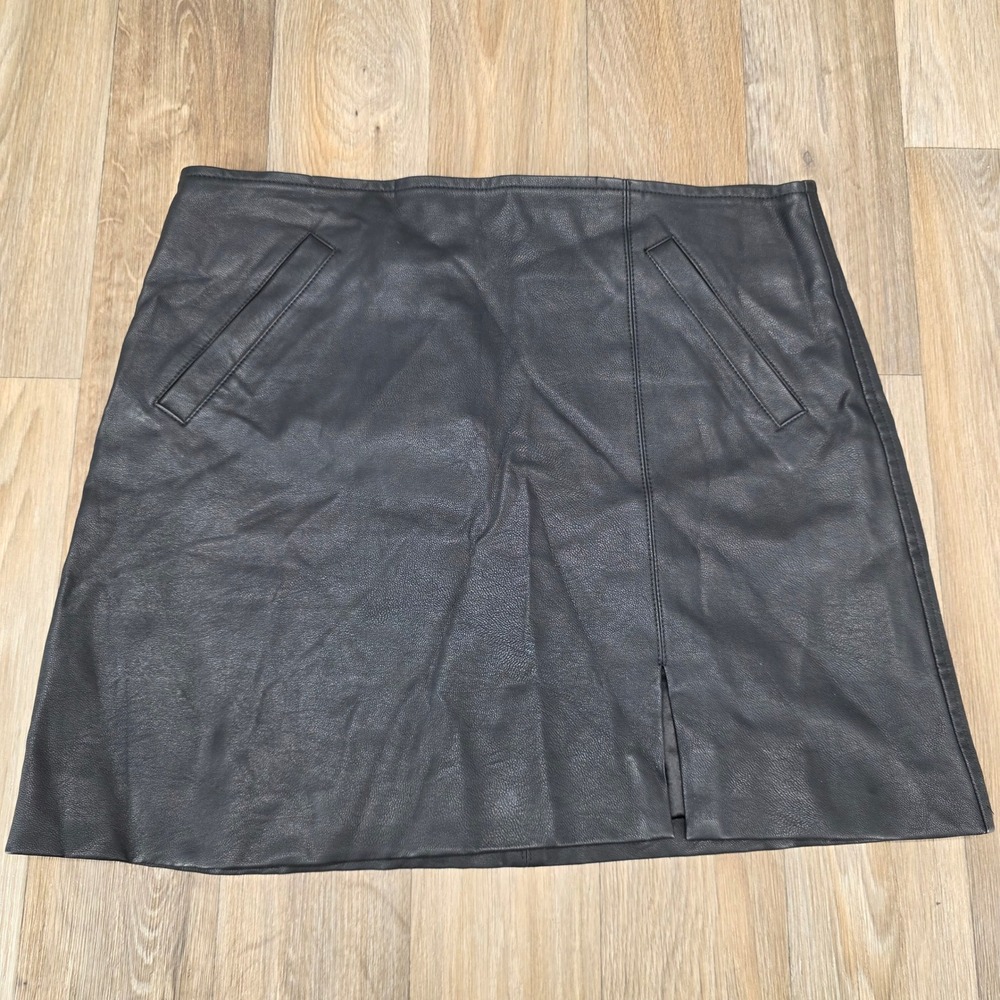 Olivaceous Black Faux Leather Mini Skirt with Front Slit and Pockets Size M